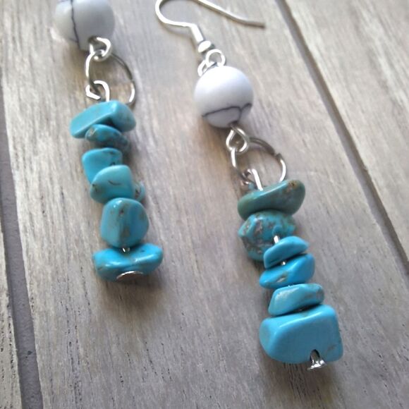 Blue and White Turquoise Silver Dangle Earrings Boho Gifts Jewelry Hippie Artsy - Picture 4 of 4